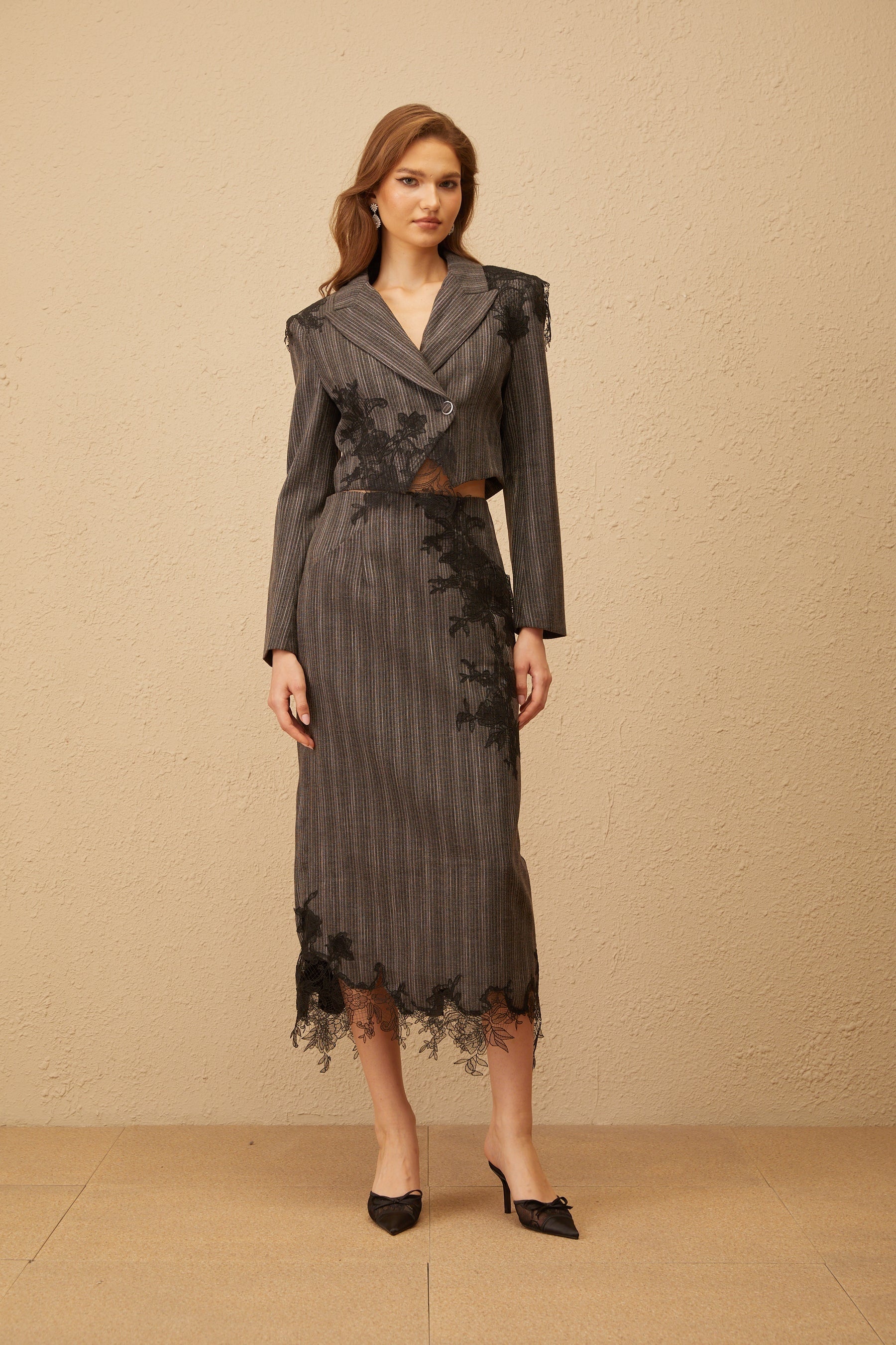 Sidonie Grey Floral Appliqué Striped Blazer  Skirt Set