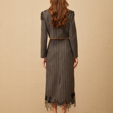 Sidonie wearing Grey Floral Appliqué Striped Blazer & Skirt Set