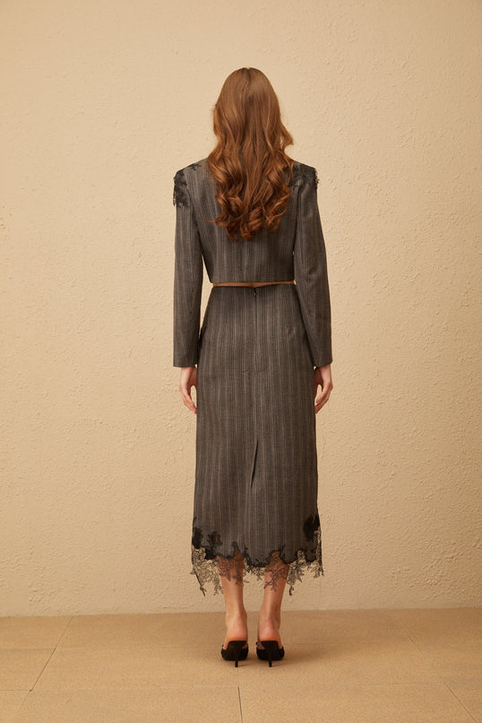 Sidonie wearing Grey Floral Appliqué Striped Blazer & Skirt Set