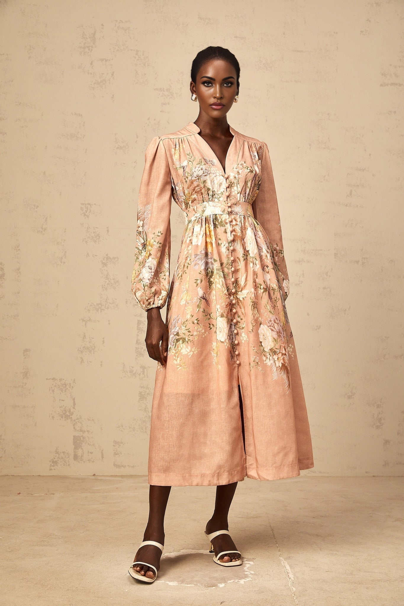 Sidonie pink Vneck floralprint midi dress