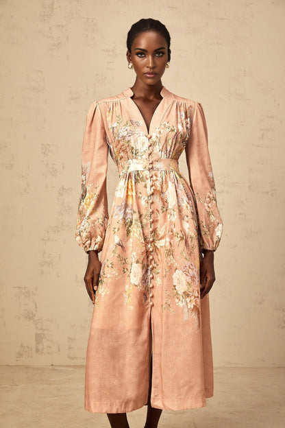 Sidonie pink Vneck floralprint midi dress