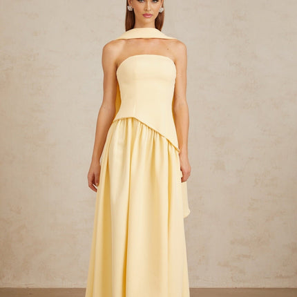 Sidonie Yellow Off-Shoulder Panel Maxi Gown in Yellow Color