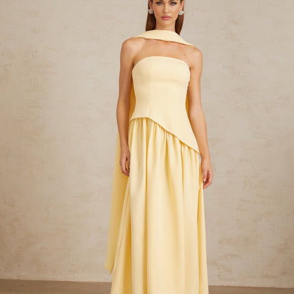 Sidonie Yellow Off-Shoulder Panel Maxi Gown in Yellow color