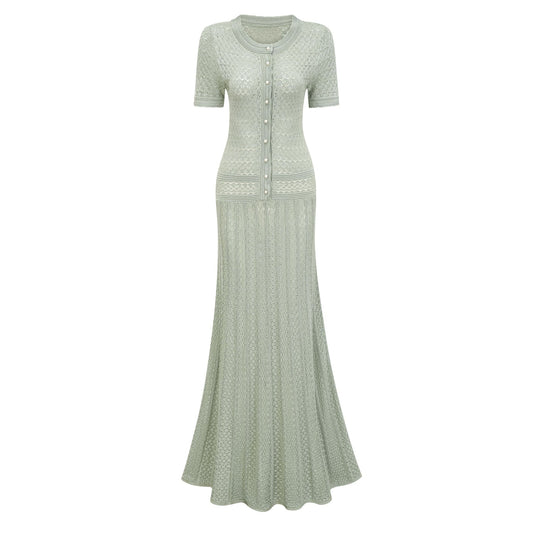Siena green shirred crochetknit maxi dress
