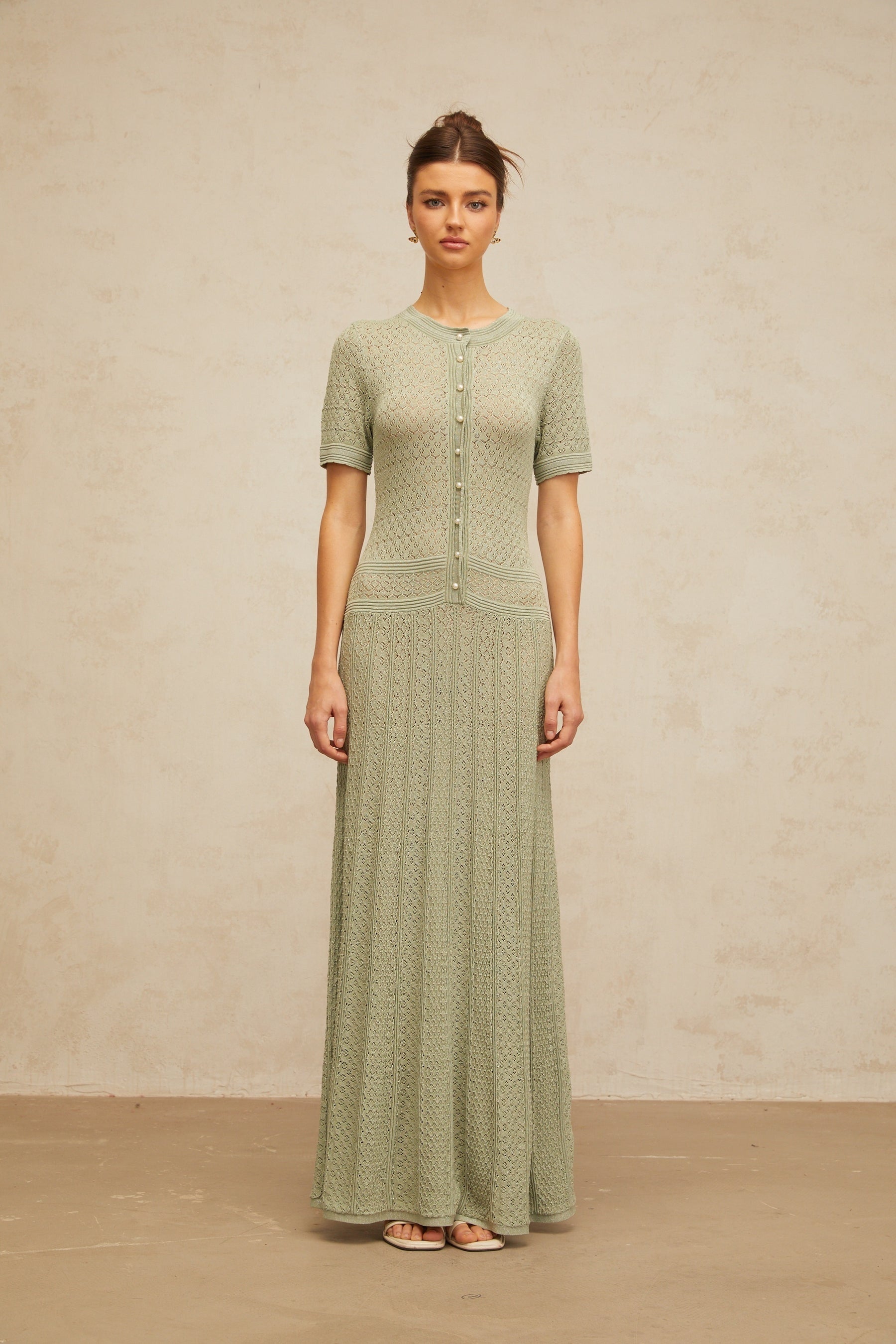 Siena green shirred crochetknit maxi dress