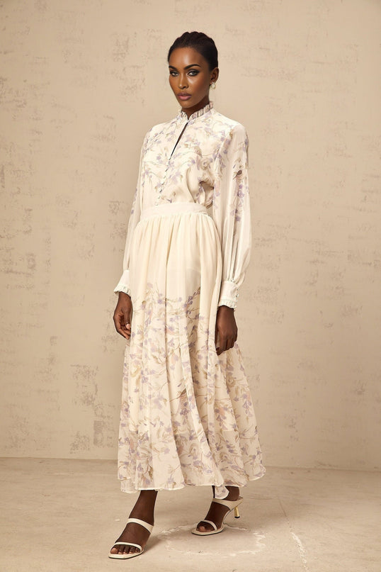 Siena matching set with frilled wistaria print shirt and skirt on white background