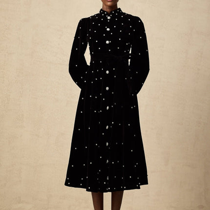 Sienna Black Crystal Bow Embellished Midi Dress with Long Puff Sleeves and Flared Hem in Velvet Effect Fabric