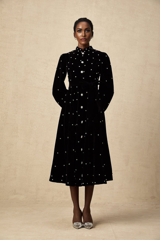 Sienna Black Crystal Bow Embellished Midi Dress with Long Puff Sleeves and Flared Hem in Velvet Effect Fabric