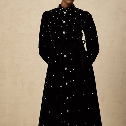 Sienna Black Crystal Bow Embellished Midi Dress with Long Puff Sleeves and Flared Hem