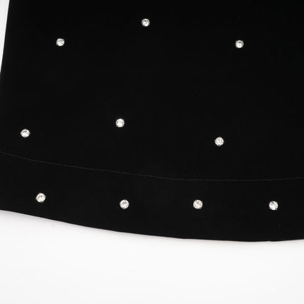 Sienna Black Crystal Bow Embellished Midi Dress with Long Puff Sleeves and Flared Hem in Velvet Effect Fabric