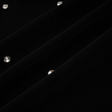 Sienna Black Crystal Bow Embellished Midi Dress with Long Puff Sleeves and Flared Hem in Velvet Effect Fabric