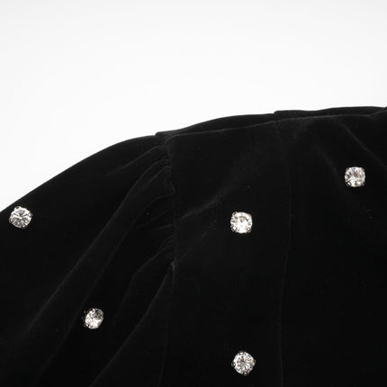 Sienna Black Crystal Bow Embellished Midi Dress with Long Puff Sleeves and Flared Hem in Velvet Effect Fabric