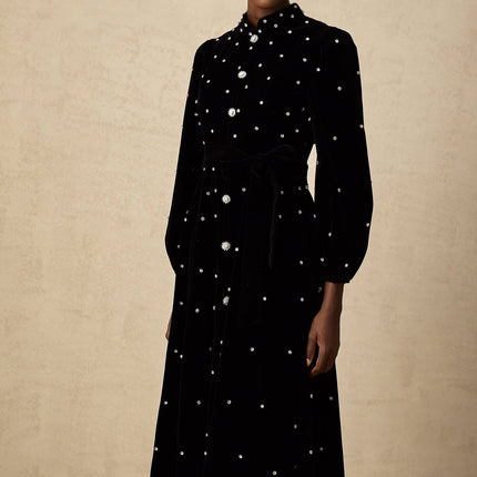 Sienna Black Crystal Bow Embellished Midi Dress with Long Puff Sleeves and Flared Hem in Velvet Effect Fabric