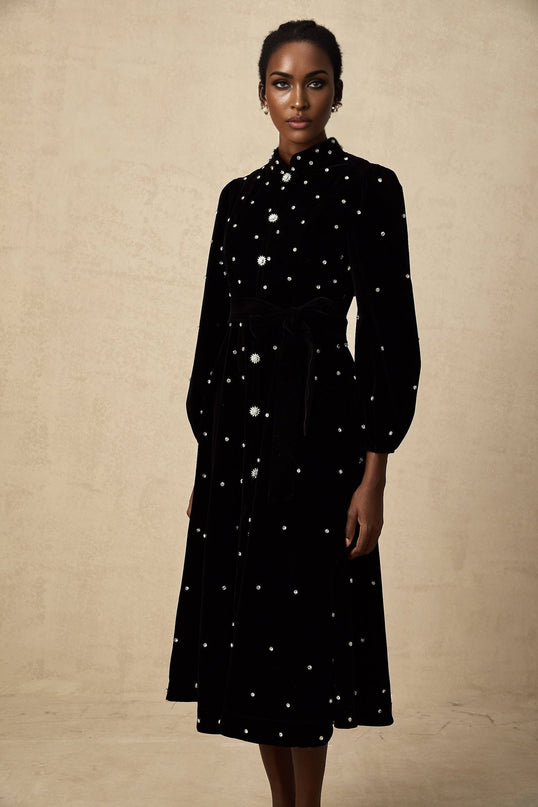 Sienna Black Crystal Bow Embellished Midi Dress with Long Puff Sleeves and Flared Hem in Velvet Effect Fabric