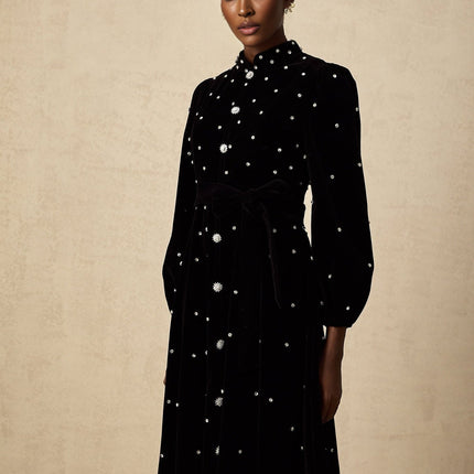 Sienna Black Crystal Bow Embellished Midi Dress with Long Puff Sleeves and Flared Hem in Velvet Effect Fabric