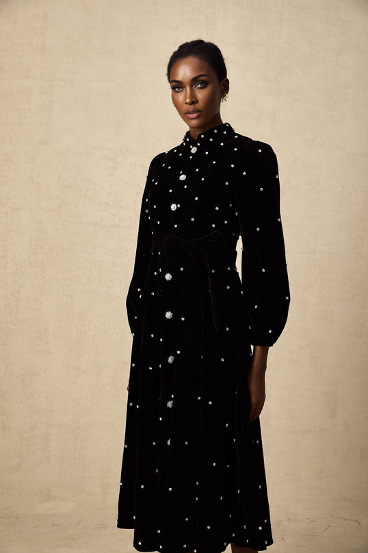 Sienna Black Crystal Bow Embellished Midi Dress with Long Puff Sleeves and Flared Hem in Velvet Effect Fabric