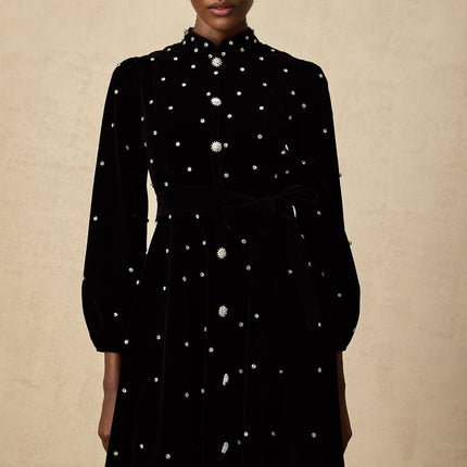Sienna Black Crystal Bow Embellished Midi Dress with Long Puff Sleeves and Flared Hem in Velvet Effect Fabric