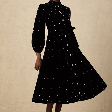 Sienna Black Crystal Bow Embellished Midi Dress with Long Puff Sleeves and Flared Hem