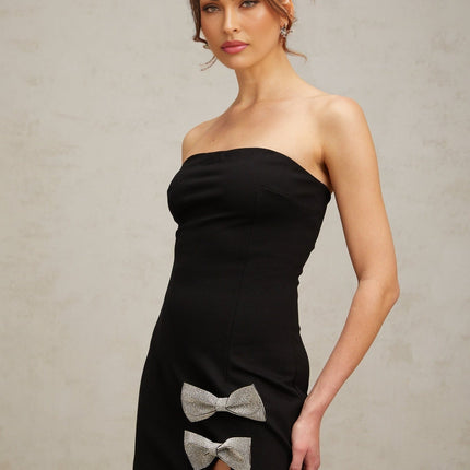 Sienna Black Mini Dress with Studded Bow and Crystal Detailing