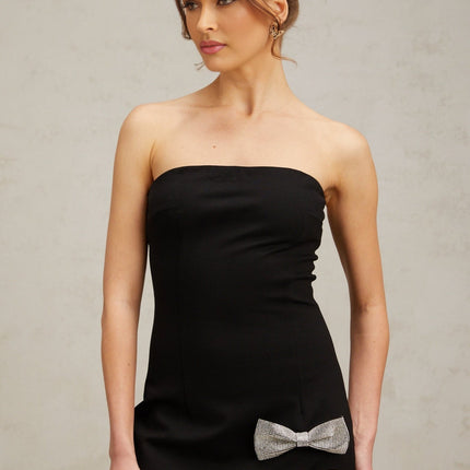 Sienna Black Mini Dress with Studded Bow and Crystal Detailing