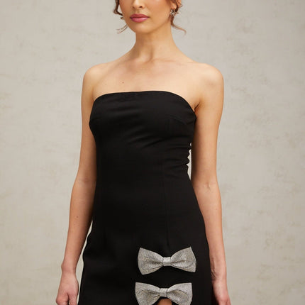 Sienna Black Studded Bow Crystal Detail Off-Shoulder Mini Dress