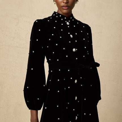 Sienna Black Velvet Crystal Bow Embellished Midi Dress with Long Puff Sleeves and Flared Hem