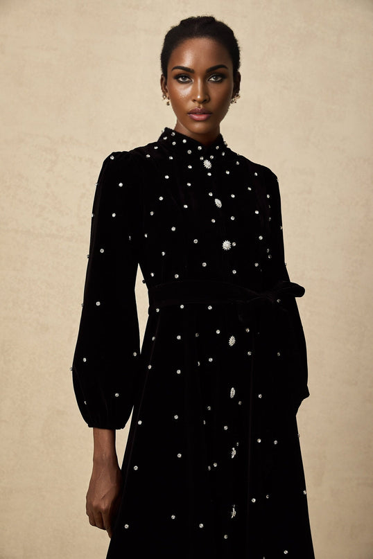 Sienna Black Velvet Crystal Bow Embellished Midi Dress with Long Puff Sleeves and Flared Hem