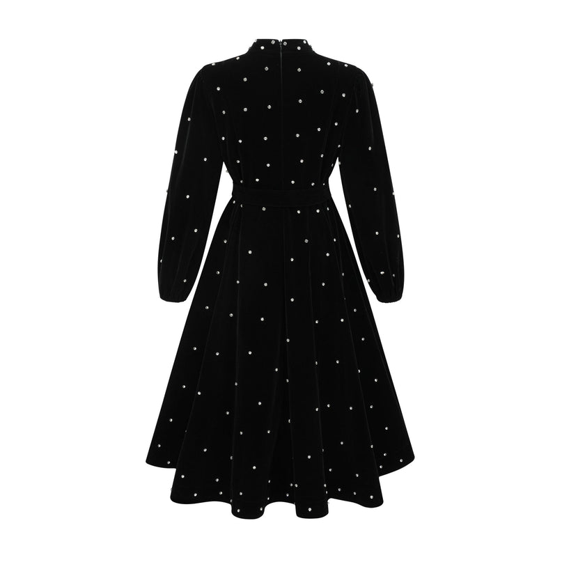 Sienna Black Velvet Crystal Bow Midi Dress