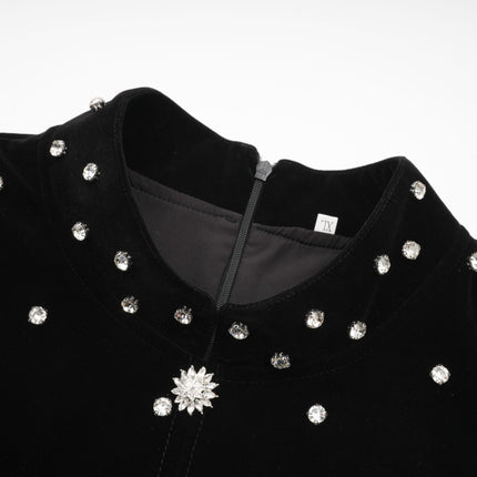Sienna Black Velvet Crystal Bow Midi Dress with Long Puff Sleeves and Flared Hem
