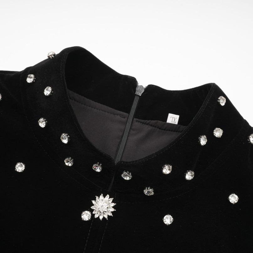 Sienna Black Velvet Crystal Bow Midi Dress with Long Puff Sleeves and Flared Hem