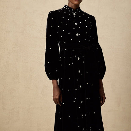 Sienna Black Velvet Crystal Bow Midi Dress