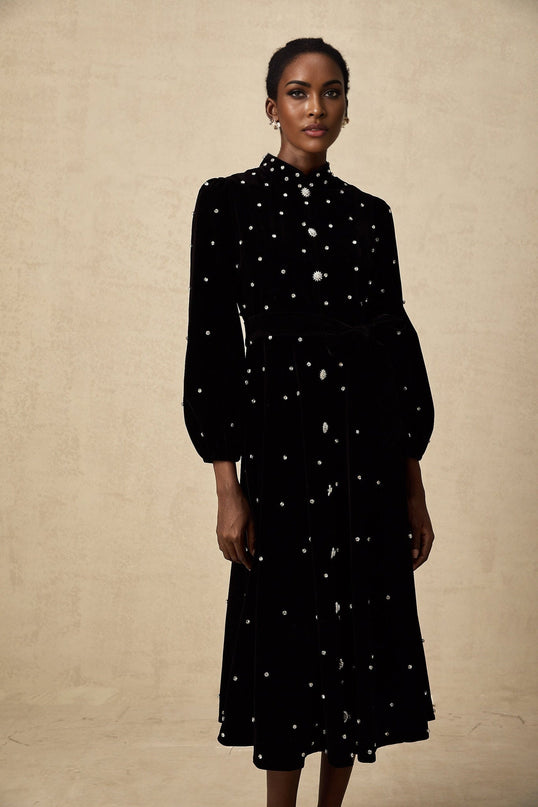 Sienna Black Velvet Crystal Bow Midi Dress