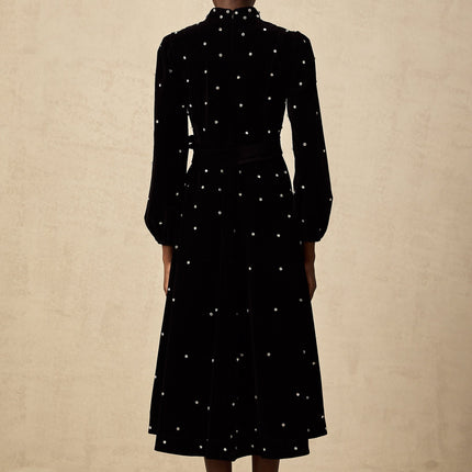 Sienna Black Velvet Crystal Bow Midi Dress with Puff Sleeves and Flared Hem