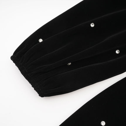 Sienna Black Velvet Crystal Bow Midi Dress with Long Puff Sleeves and Flared Hem