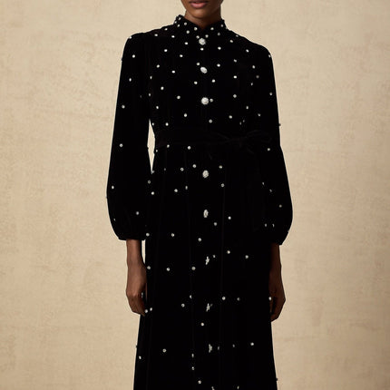 Sienna Black Velvet Crystal Bow Midi Dress