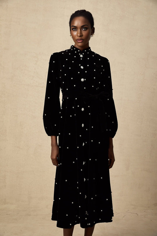 Sienna Black Velvet Crystal Bow Midi Dress