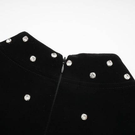 Sienna Black Velvet Crystal Bow Midi Dress with Long Puff Sleeves and Flared Hem