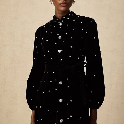 Sienna Black Velvet Crystal Bow Midi Dress with Puff Sleeves and Flared Hem
