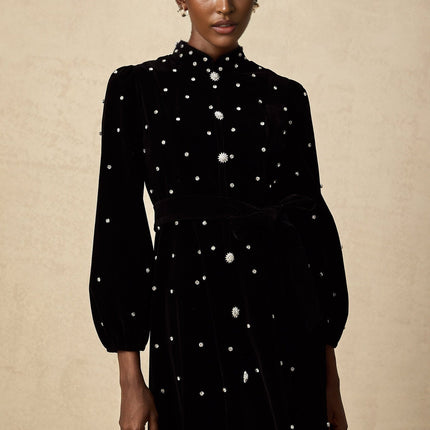 Sienna Black Velvet Crystal Bow Midi Dress with Long Puff Sleeves and Flared Hem