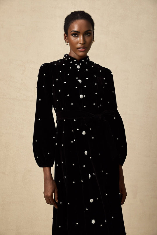 Sienna Black Velvet Crystal Bow Midi Dress with Long Puff Sleeves and Flared Hem