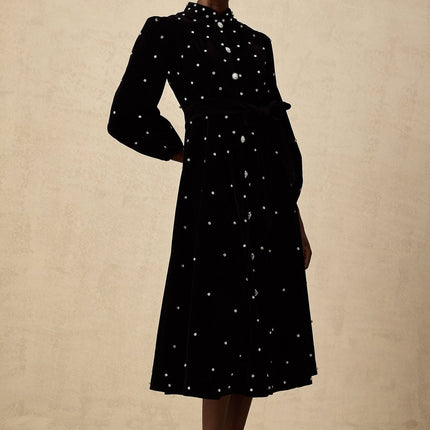 Sienna Black Velvet Crystal Bow Midi Dress