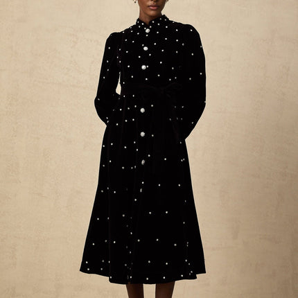 Sienna Black Velvet Midi Dress with Crystal Bow Embellishments Long Puff Sleeves and Flared Hem