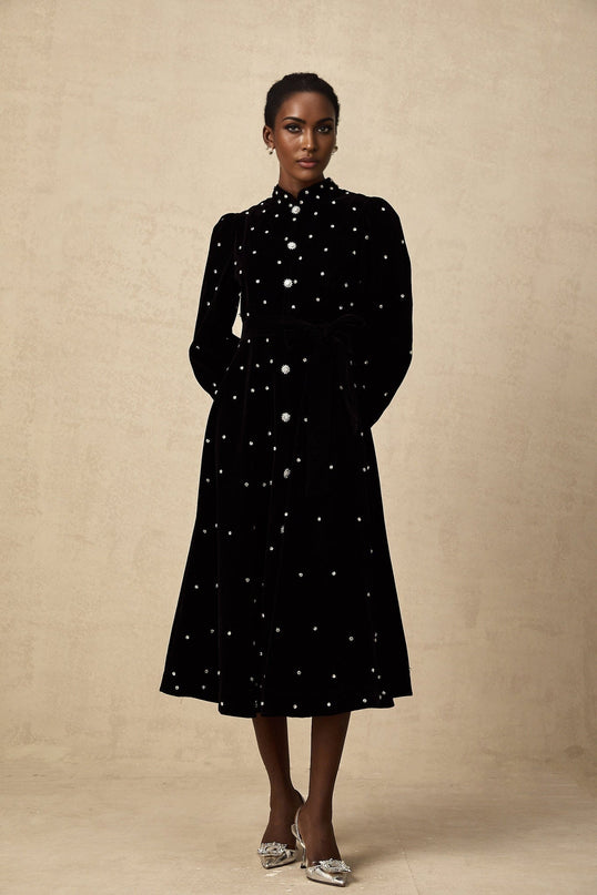 Sienna Black Velvet Midi Dress with Crystal Bow Embellishments Long Puff Sleeves and Flared Hem