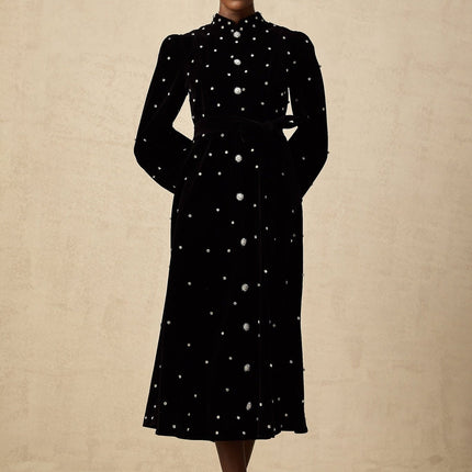 Sienna Black Velvet Midi Dress with Crystal Bow Embellishments