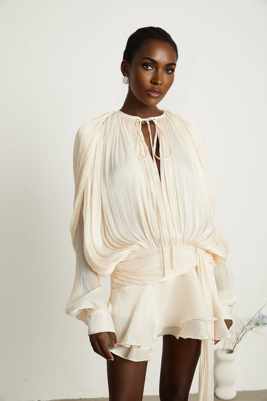 Sienna Mini Dress in Neutrals with Glitter Detailing and Twist Design