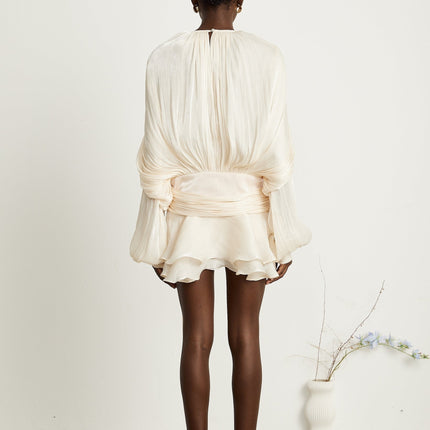 Sienna Mini Dress in Neutrals with Glitter Detailing and Draped Silhouette