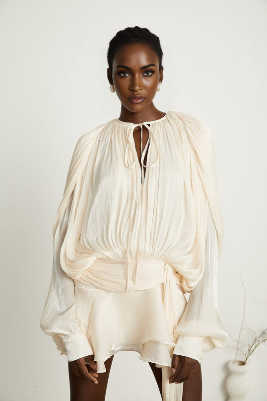 Sienna Mini Dress in Neutrals with Glitter Detailing and Draped Silhouette