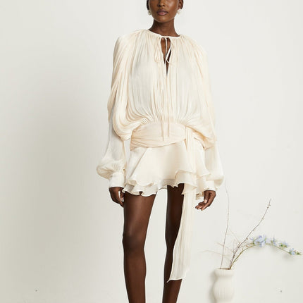 Sienna Mini Dress in Neutrals with Glitter Detailing and Draped Silhouette