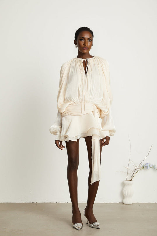 Sienna Mini Dress in Neutrals with Twist Design and Glitter Detailing