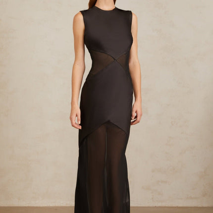 Siiri Black Tulle Panel Satin Maxi Gown in Black color